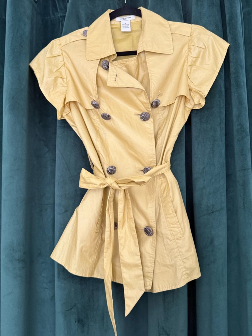 Vintage Vertigo Paris 100% Cotton Tie Waist Brit Pop Military Style Top Yellow
